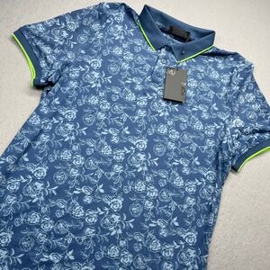 G/FORE Mens Floral Rose Print Golf Polo Shirt Blue Neon Green Large G4MF23K061B